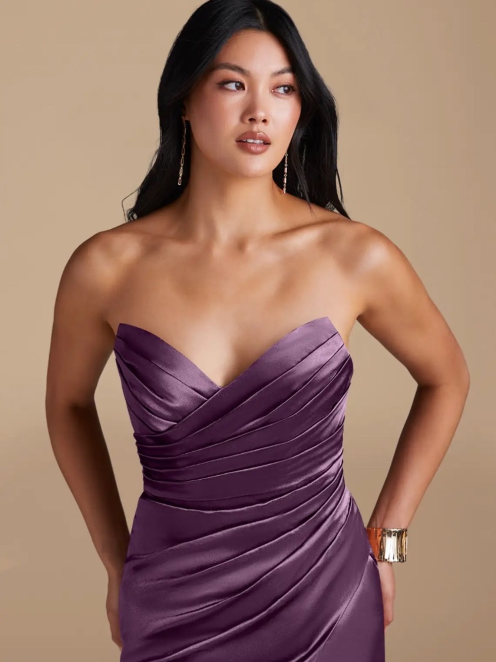 Azazie Yola - Plum Sheath Strapless Metallic Satin Dress - Picture 2 of 3